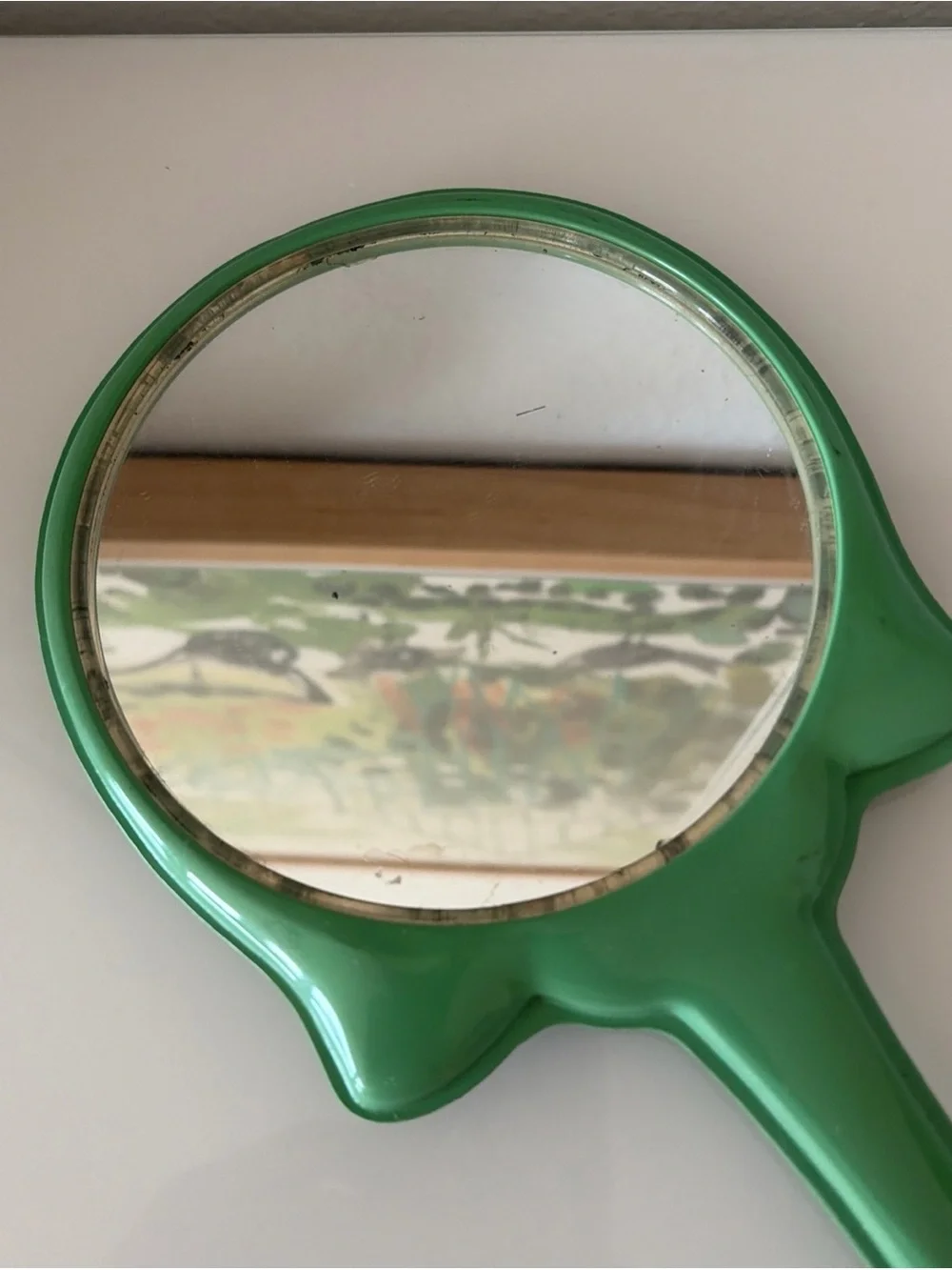 Vintage Sage Green Floral Hand Mirror 13” Vanity MCM Retro Cottagecore